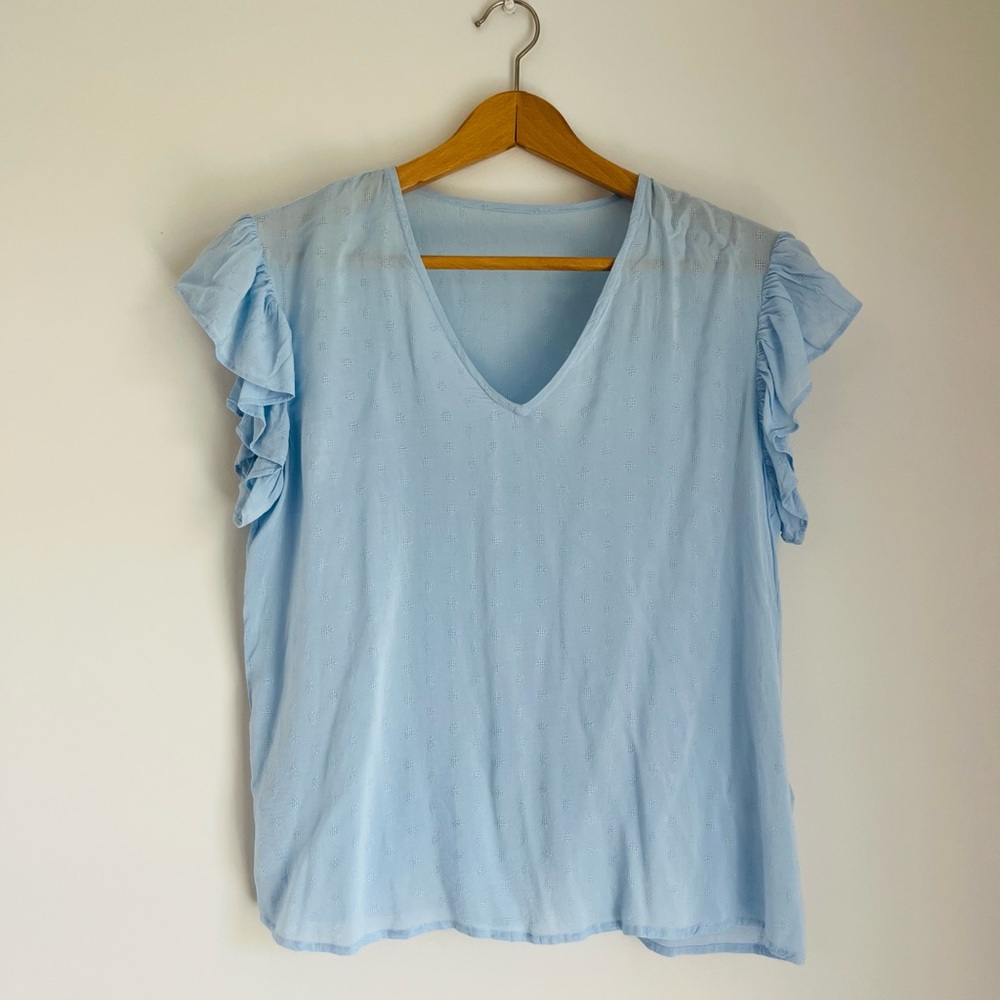 CeCe Light Blue Ruffle Sleeve Blouse